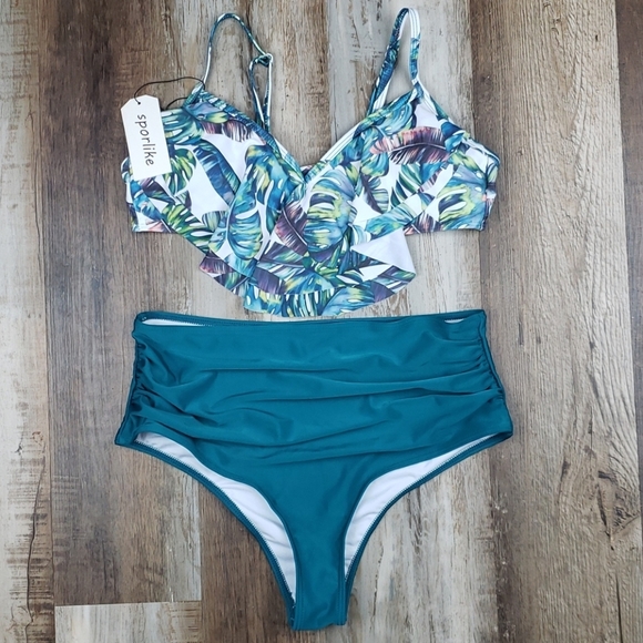 NWT Sporlike High Waist 2 Piece Swimsuit Sz L - Picture 1 of 5